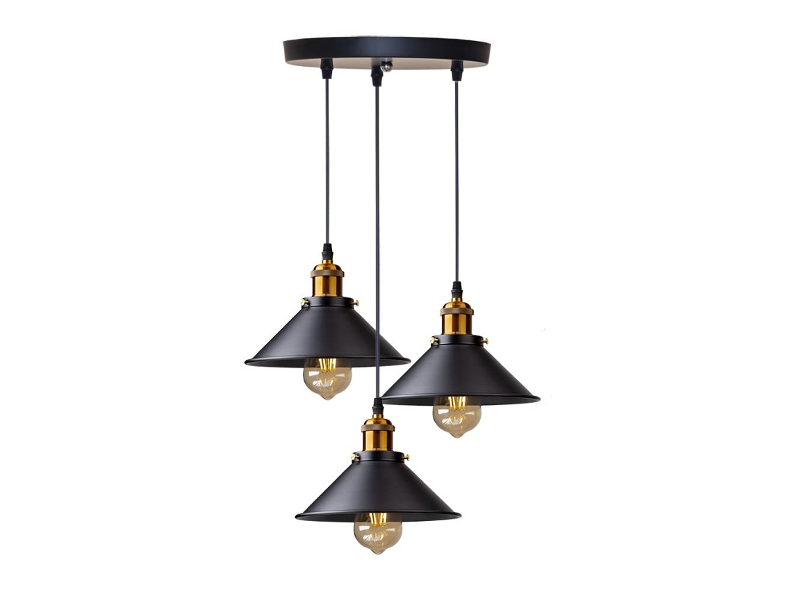 Lustre Industrial Retrô Suspenso Com Suporte Circular,ø 22cm,preto 3 Lâmpadas Edison Design Btforus