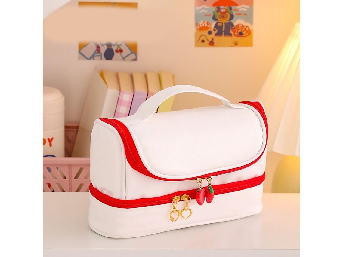 Estuche Para Lápices De Poliuretano Con Bonitos Dibujos, Impermeable, Portátil, De 2 Capas, Con Cremallera Doble En Forma De Fresa, Color Rojo