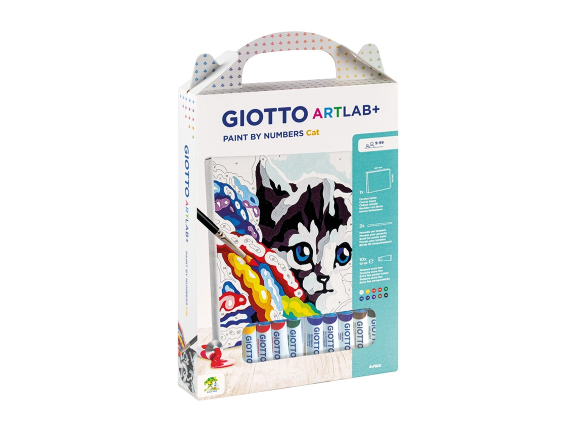 Conjunto Pintar Com Números GIOTTO Art Lab+ Gato, 1 Tela, 2 Pincéis, 10 Tubos de Tinta