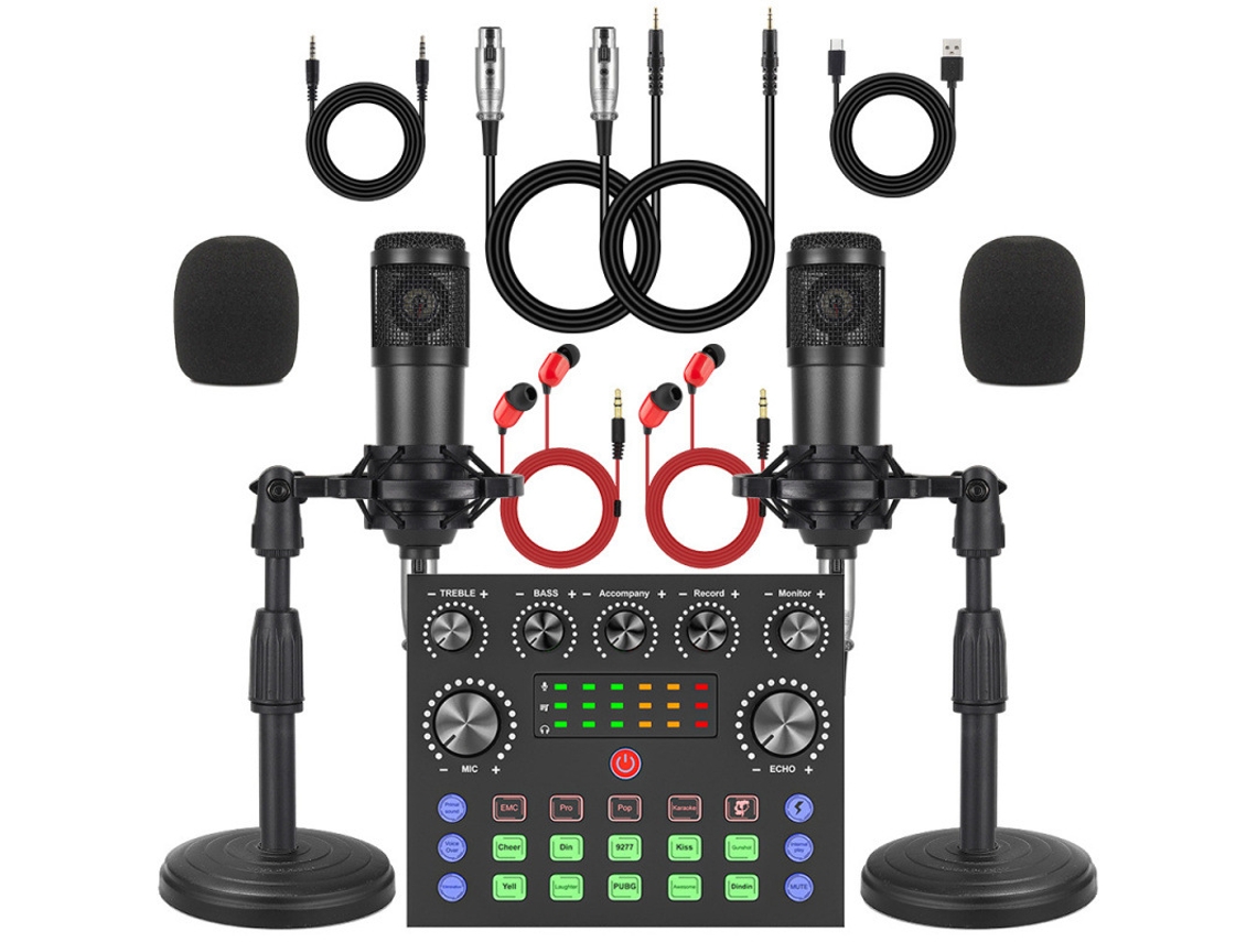 Kit De Microfone Eifson V8s Com 2 Microfones, Misturador 7 Botões E Base Redonda - Preto