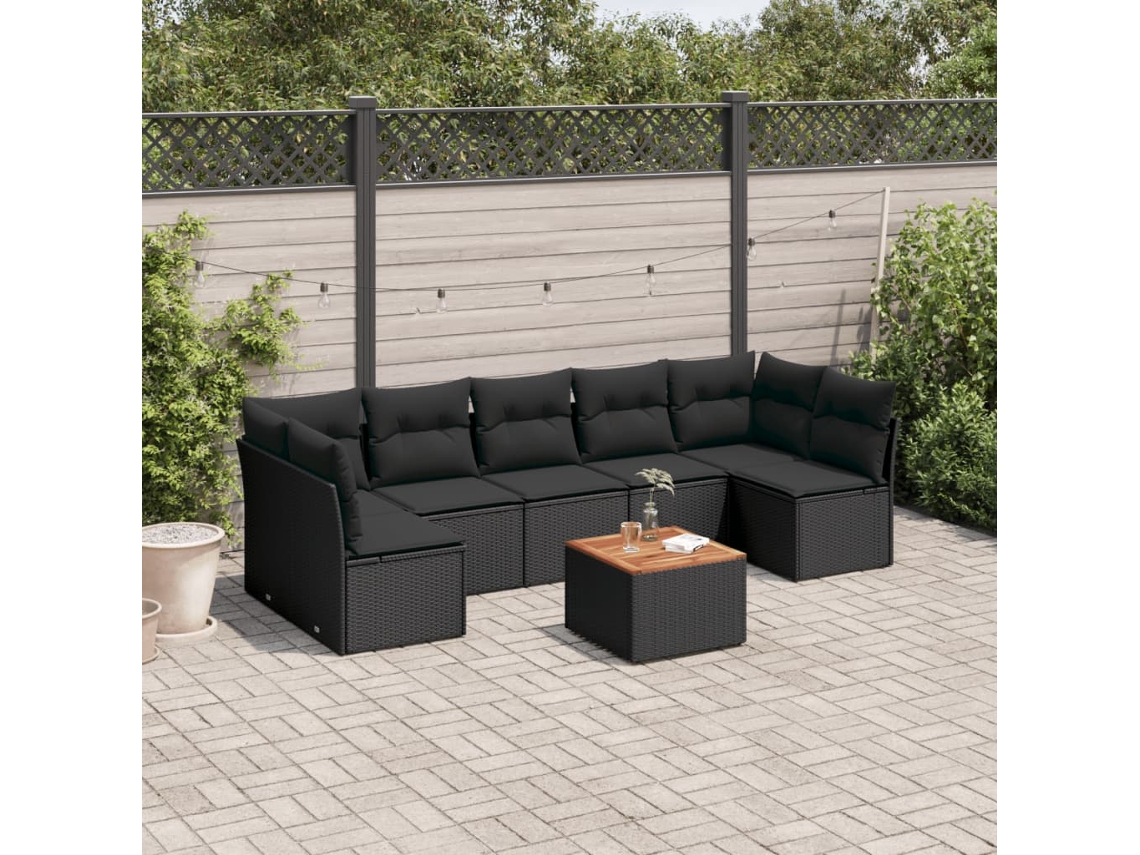Vidaxl 8 Pcs Conjunto Sofás De Jardim Com Almofadões Vime Pe Preto
