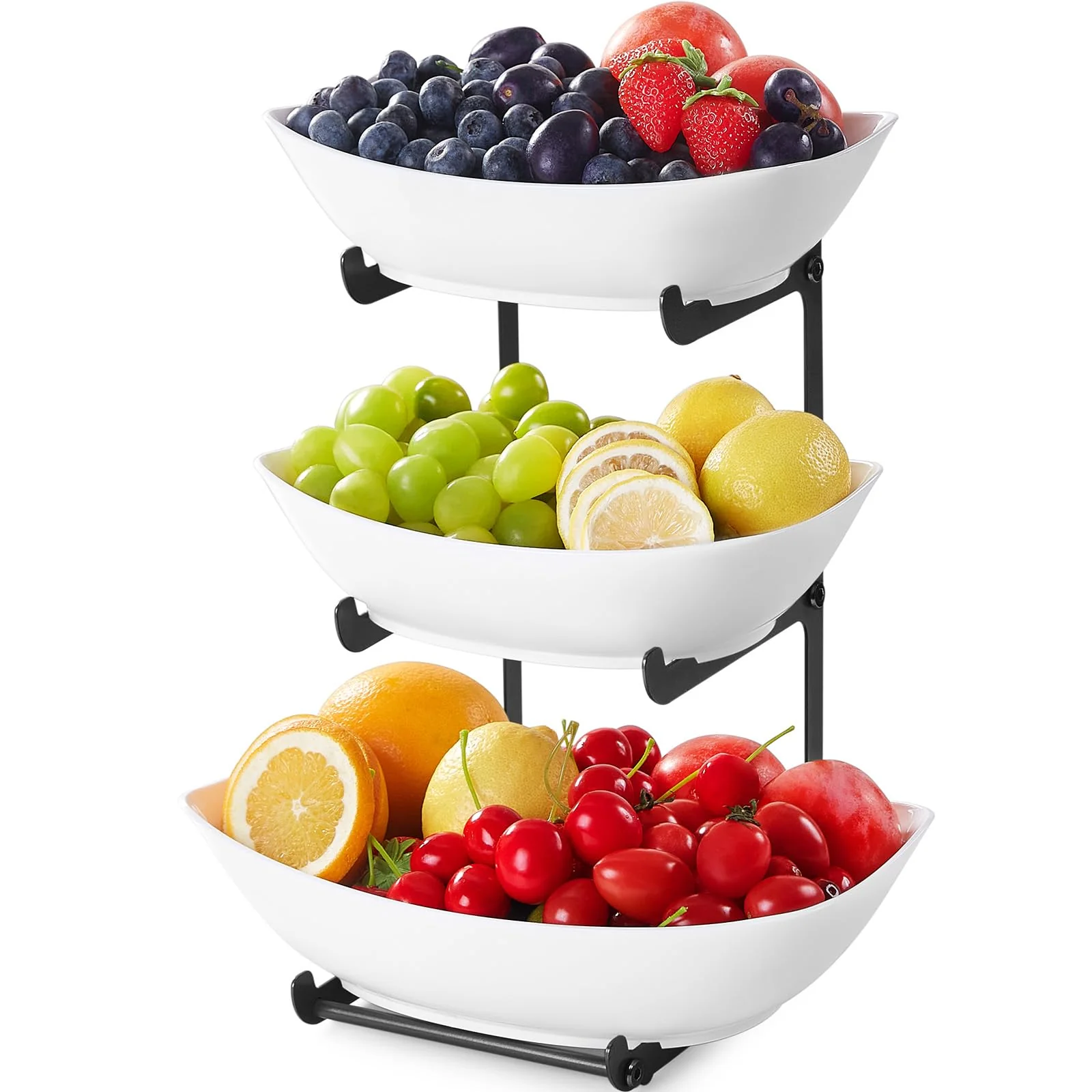 Cesta De Suporte Frutas Plástico 3 Camadas Para Bancada Cozinha, Tigelas Pretas Qualidade Alimentar Com Metal