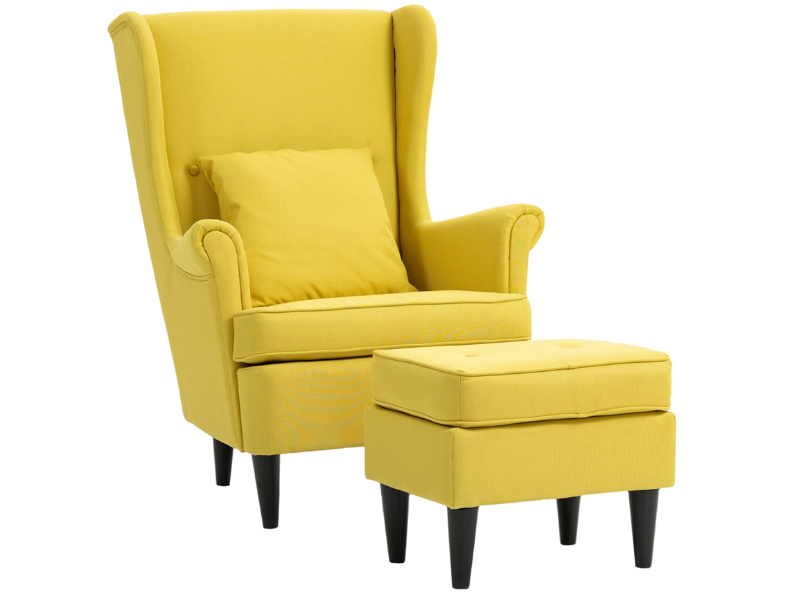 Poltrona com Banquinho Em. em Tecido de Linho e Madeira de Borracha.. 75x83x104 Cm Amarelo