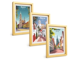 Conjunto De Pinturasdesenhos Coloridos De Cidades Europeias Moldura Dourada Quadros Para A Sala De Estar Espelharte (3 Peças 20x30 Cm)