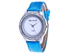 Relógio de pulso de quartzo elegante com strass e pulseira de couro (azul)