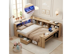 Lit Enfant VSOGA 140x200 Cm avec rangement, Led, Usb, bureau, plateforme multifonction, bois naturel