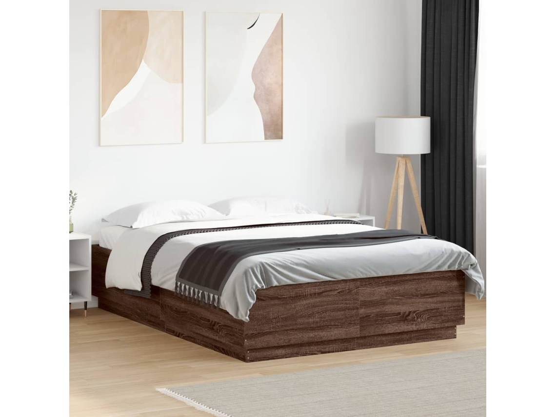 Vidaxl Estrutura Cama C/ Luzes Led Derivados Madeira Carvalho Castanho