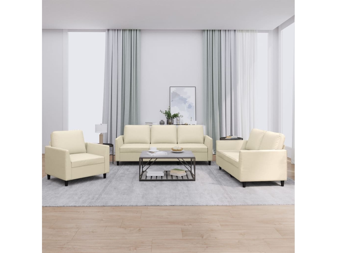 Vidaxl 3 Pcs Conjunto Sofás C/ Almofadões Couro Artificial Cor Creme