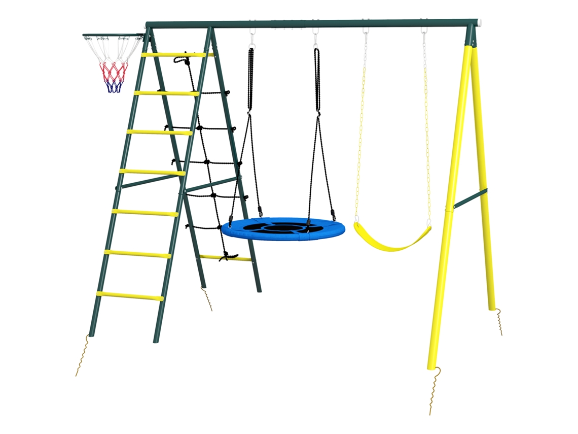 Balanço 4 Em 1 Com Ninho, Cesta Basquete, Rede Escalada, Amarelo