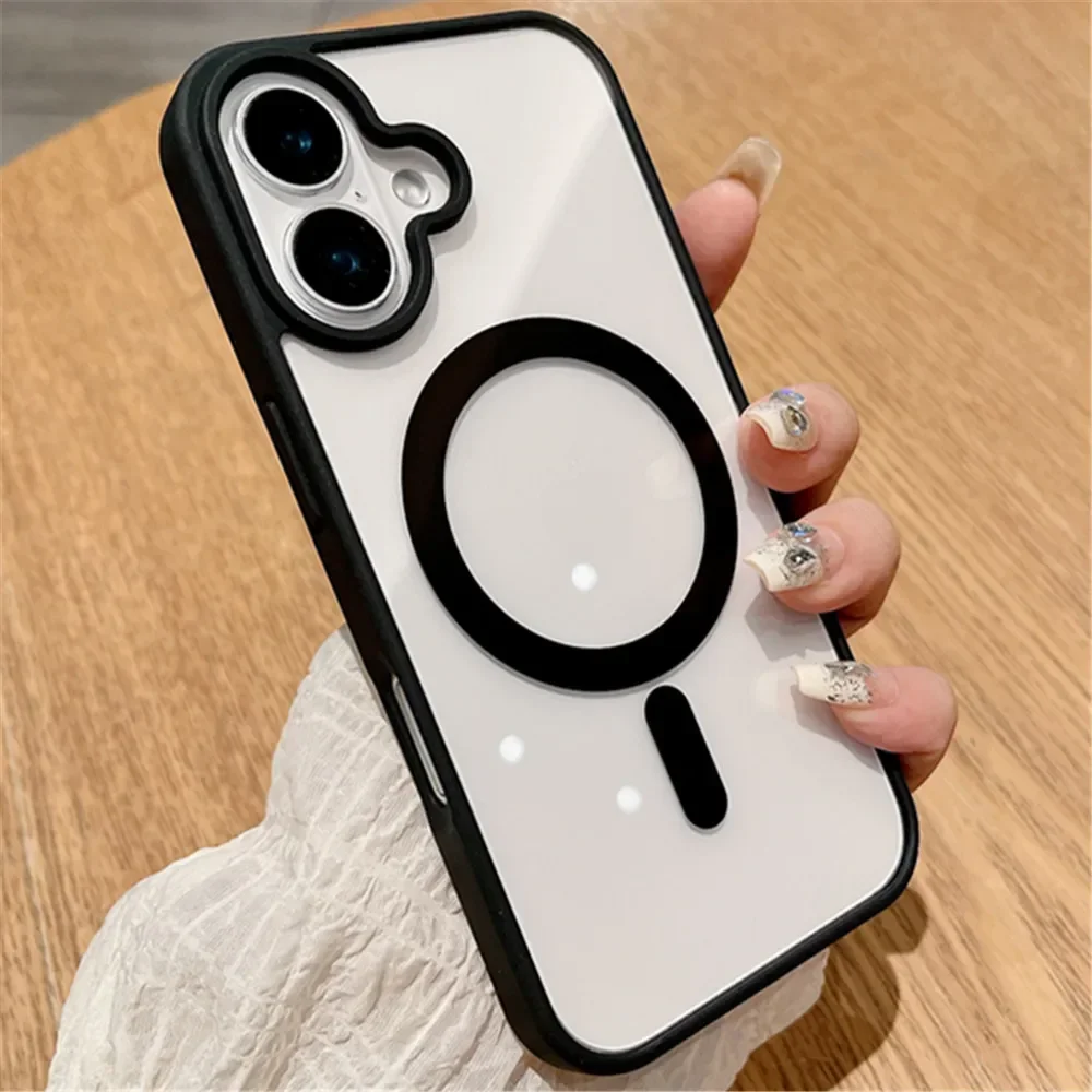 Capa Protetora Transparente Com Carregamento Sem Fio Magnético Para Iphone 16 Plus (preta)
