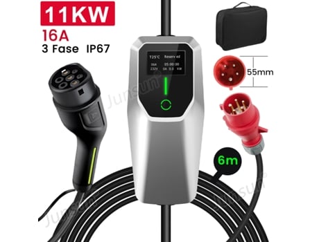 Cargador Portátil Para Vehículos Eléctricos Junsun, Potencia 11 Kw, Corriente Ajustable 8 16 A, 11 Kw, 6 Metros, Tipo 2 Oem