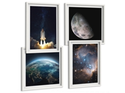 Composição De Quadros Espaço, Terra, Foguete, Galáxia Moldura Branca Fotos Para O Escritório Espelharte (conjunto De 4 Imagens)