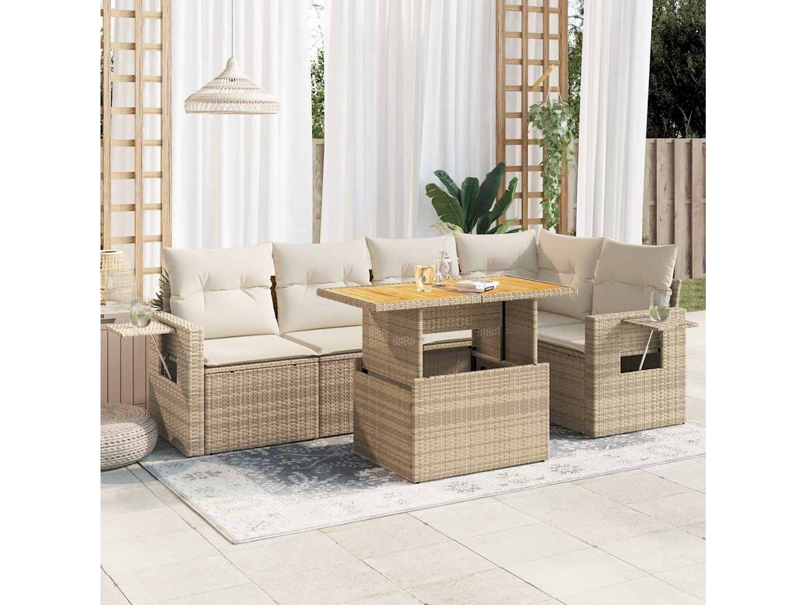 Vidaxl 6 Pcs Conjunto De Sofás P/ Jardim Com Almofadões Vime Pe Bege