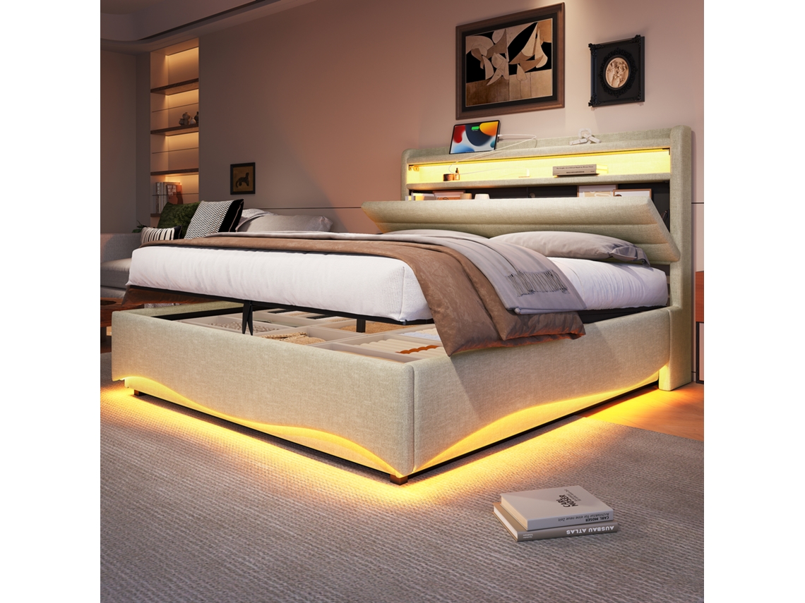 Cama Estofada, 140 X 200 Cm, Sem Colchão, Com Iluminação Led, Mecanismo Hidráulico, Portas Usb E Tipo-c, Compartimento De Arrumação