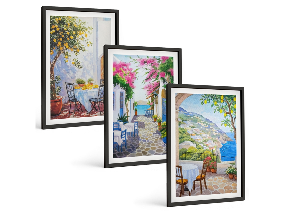 Conjunto De Pinturas Ruas Charmosas Com Plantas E Mar Espelharte (3 Peças 40x60 Cm)