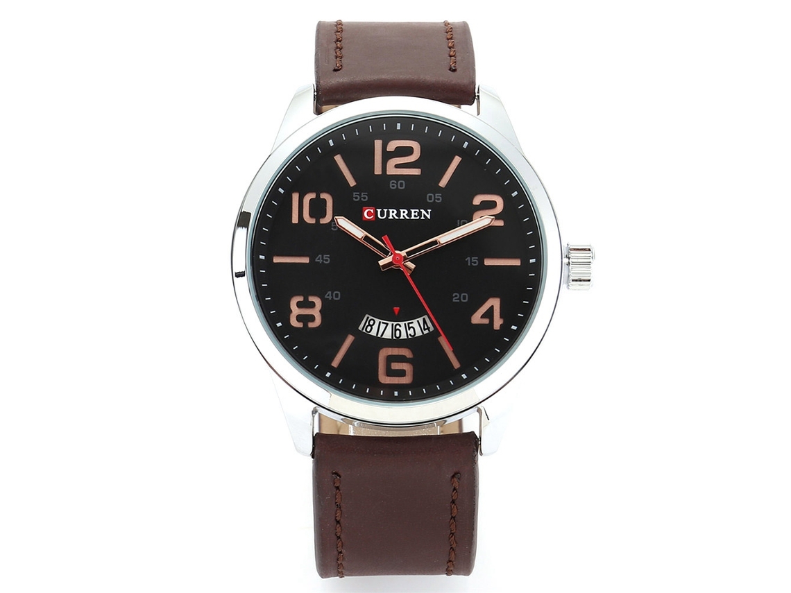 Relógio masculino de quartzo com mostrador redondo e pulseira de couro (marrom claro).