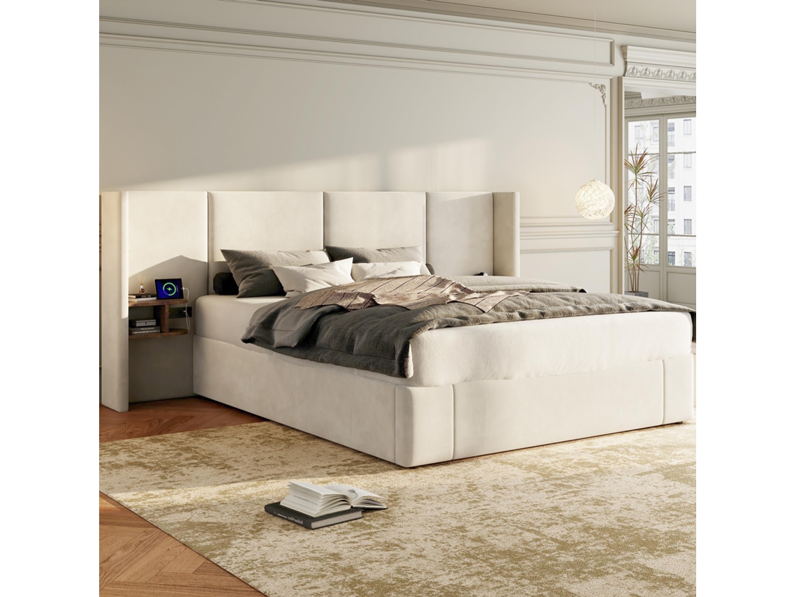 Cama Casal Bege 160x200cm, Orelhas Largas, Usb, 2 Mesas, Veludo.-op
