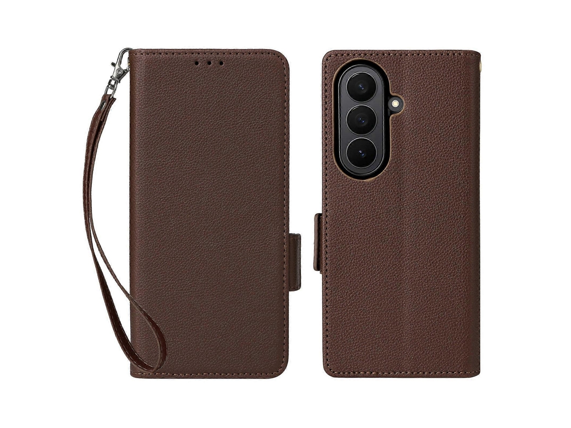 Capa Tkdaddy Para Samsung Galaxy Z Fold7 5g Com Alça De Pulso E Textura De Lichia Em Couro Pu, Capa Tipo Carteira, Marrom