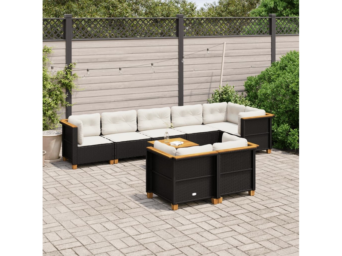 Jogo de Sofá 9 Peças P/ Jardim C/ Almofadões Vime Pe Preto Dkd Home Decor