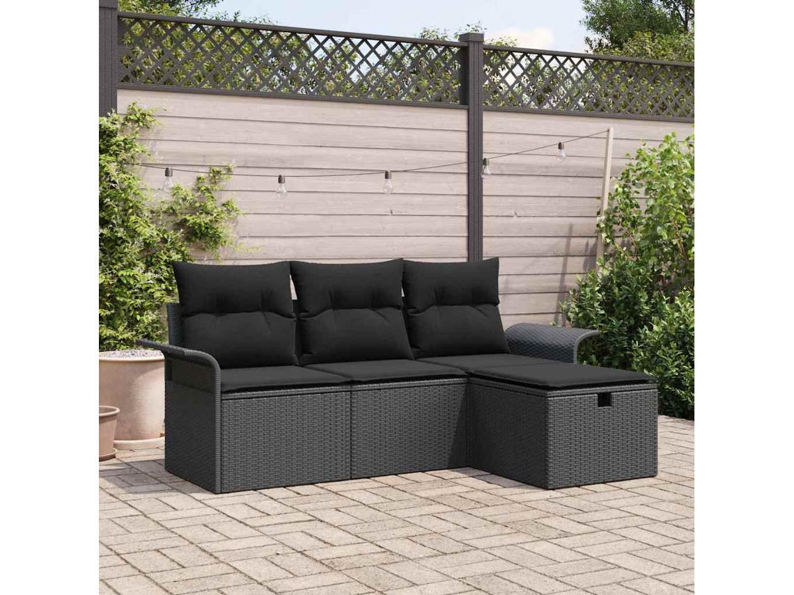 Vidaxl Conjunto De Sofá De Jardim Com Almofada 4 Pcs Preto Vime Pe