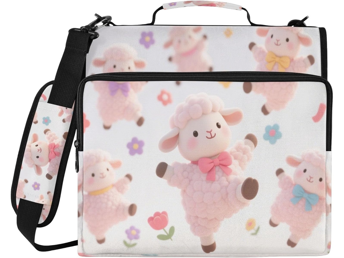 Pasta Fofa Rosa Com Desenho Animado, 3 Argolas, Fecho, Alça De Ombro E Mão, Vários Bolsos, Bolsa Portátil Guardar