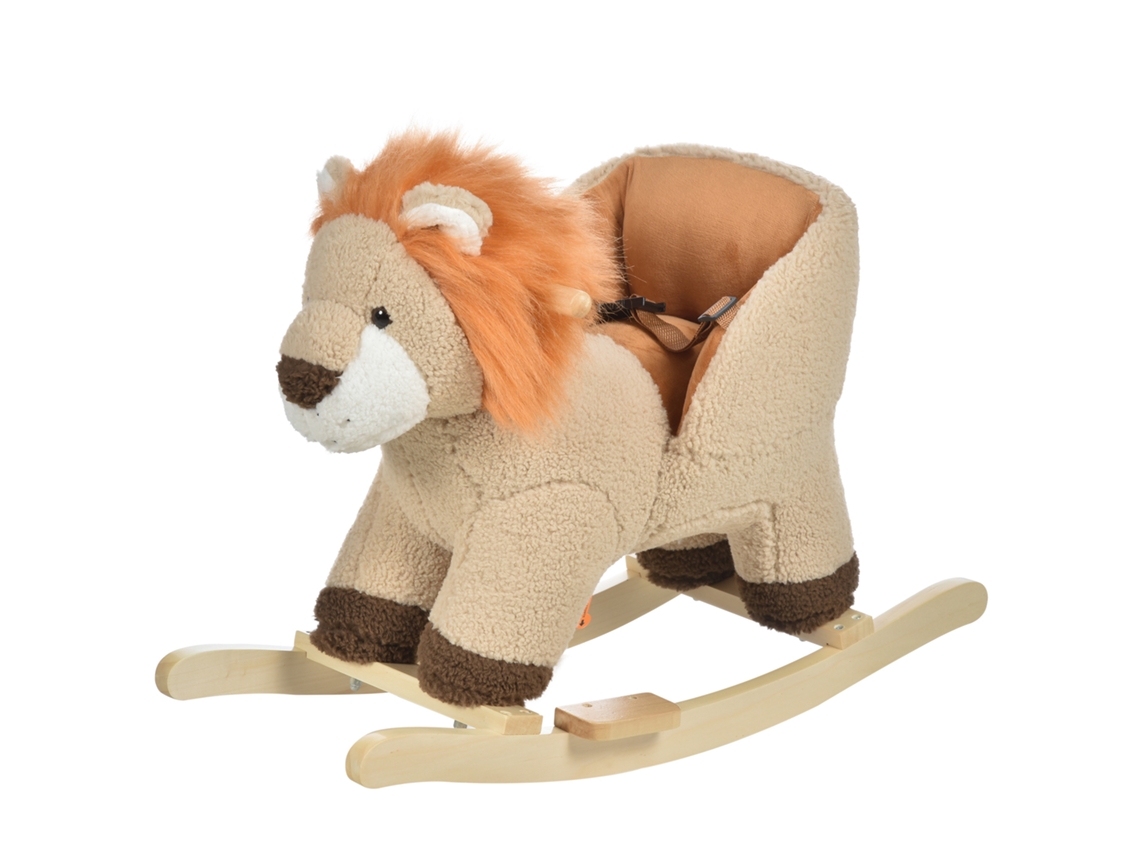 Baloiço Infantil Em Forma De Leão De Pelúcia Para Bebés 18-39 Meses Com Som Cinto De Segurança Guidão Apoio Para Os Pés 68x35x50cm Marrom