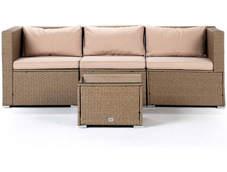 Conjunto Sofá KIEFERGARDEN Bahamas Sofá Triplo com Mesa (Castanho -Aço Galvanizado e Ratán Sintético-200cm)