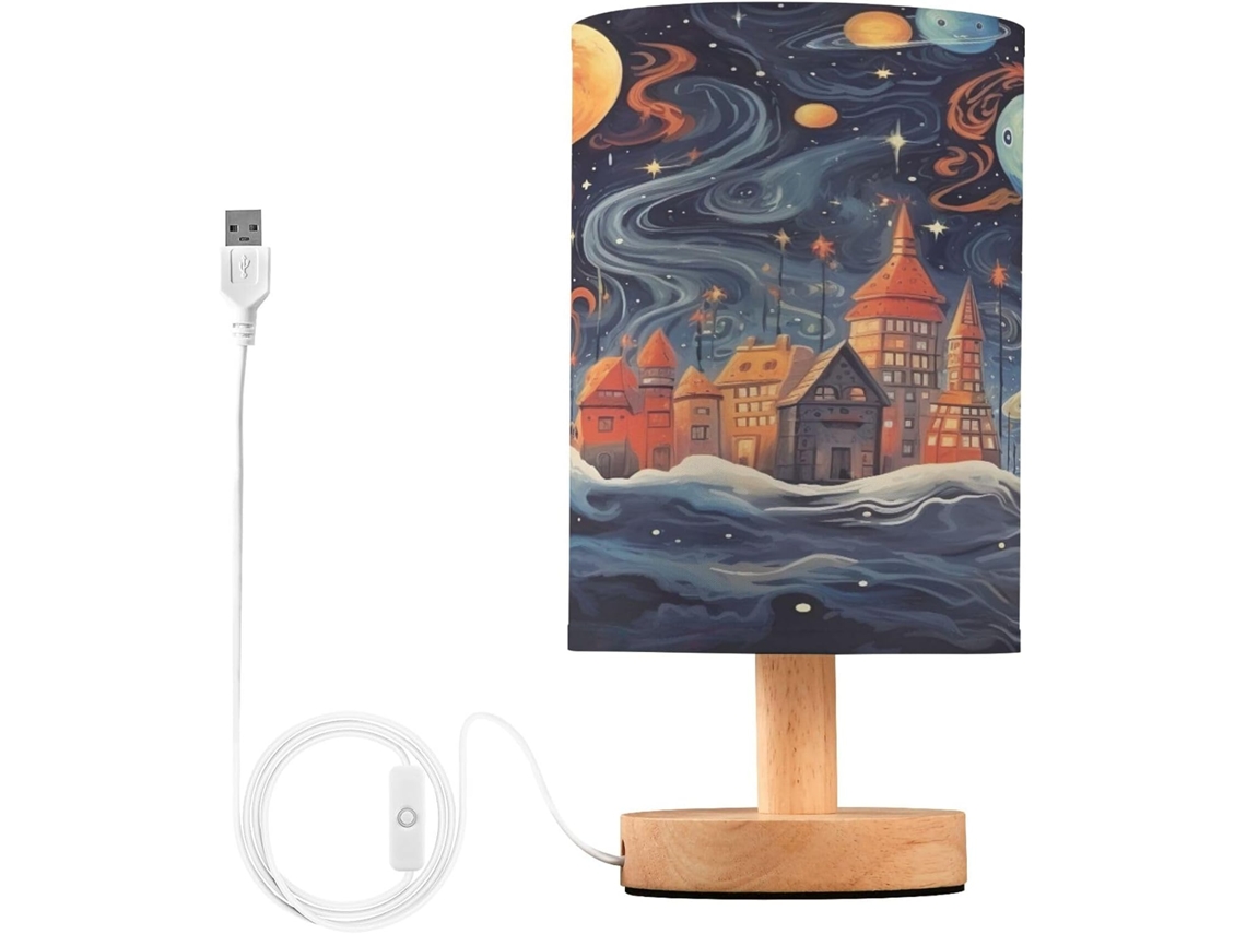 Luminária De Cabeceira Led Planet And Home Para Quarto, Luminária De Leitura Com Cúpula Tecido, Base De Madeira E Porta