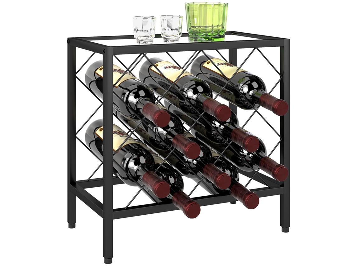 Suporte Vinho Aço 10 Garrafas Mesa Vidro Temperado Cozinha Adega Bar 41x22x41cm Preto
