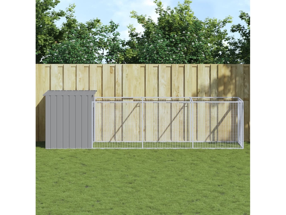 Vidaxl Casota Cães C/ Parque 110x405x110 Cm Aço Galvaniz. Cinza-claro