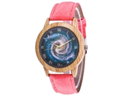 Relógio de pulso unissex de quartzo com pulseira de jeans, estampa rosa moderna, ideal para presente.