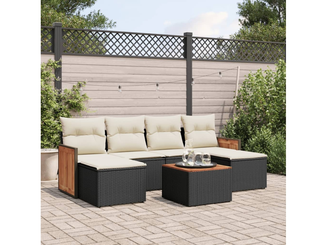 Vidaxl 7 Pcs Conjunto De Sofás P/ Jardim C/ Almofadões Vime Pe Preto