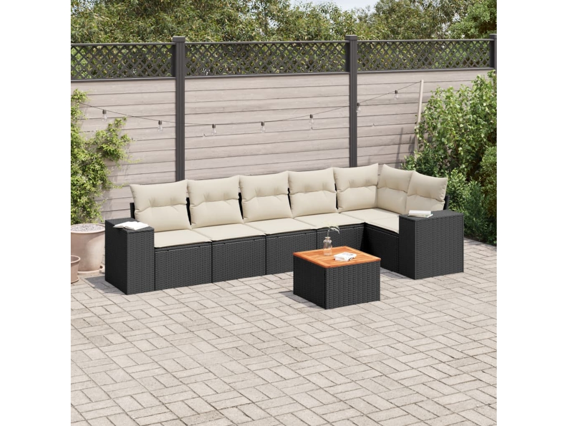 Vidaxl 7 Pcs Conjunto De Sofás P/ Jardim C/ Almofadões Vime Pe Preto