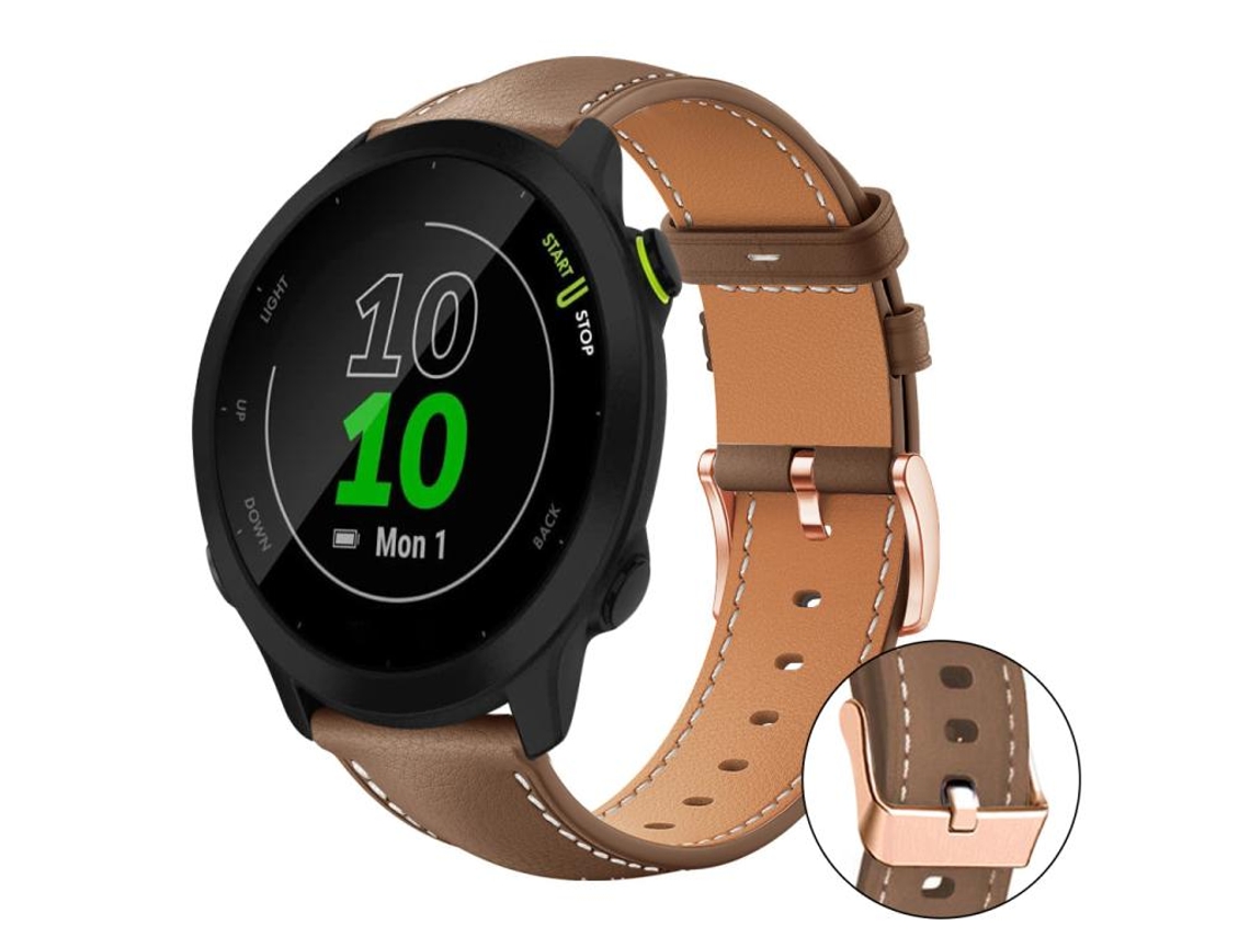 Bracelete para Garmin Forerunner 45 / 45s / Swim 2 Couro Vegano Preto Estampa de Tubarão Fivela Dourada Rosa Cor Café XIAOMOYU