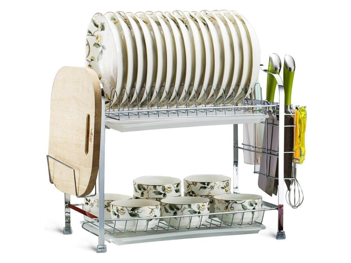 Rack Secado Platos 2 Niveles Acero Inoxidable Con Portacuchillos Tabla Cortar Portavasos Anti-deslizante