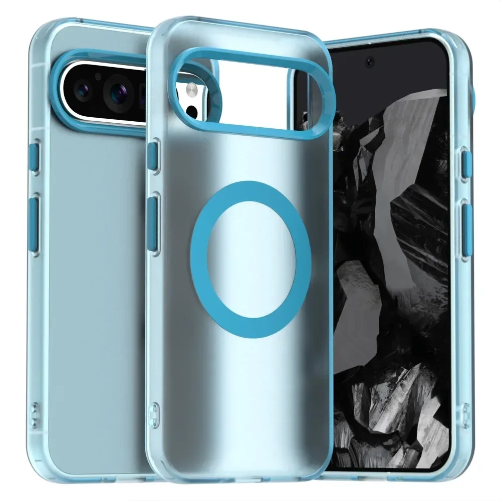 (azul, Google Pixel 8a) Capa Transparente Fosca Cristalina Para Celular, Resistente A Impactos, Com Carregamento Sem Fio Magnético.