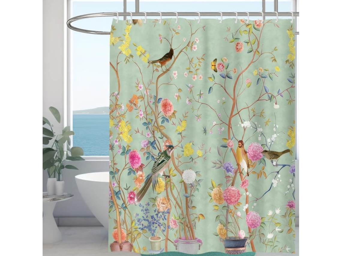 Cortina De Chuveiro Antimofo, 100% Poliéster, Impermeável, Com Estampa Floral E 12 Ganchos, 180 X 180 Cm.