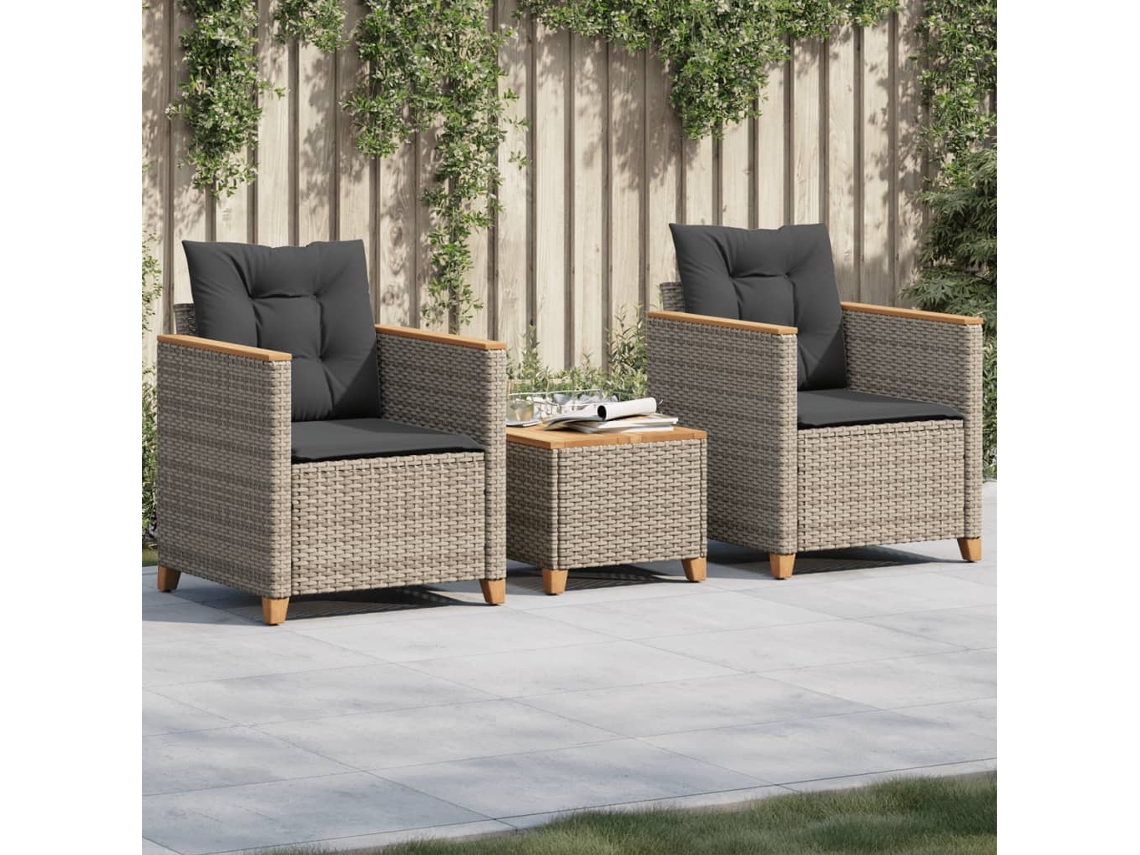 Conjunto De Bistrô Com Almofadões 3 Pcs Vime Pe E Acácia Cinza Dkd Home Decor