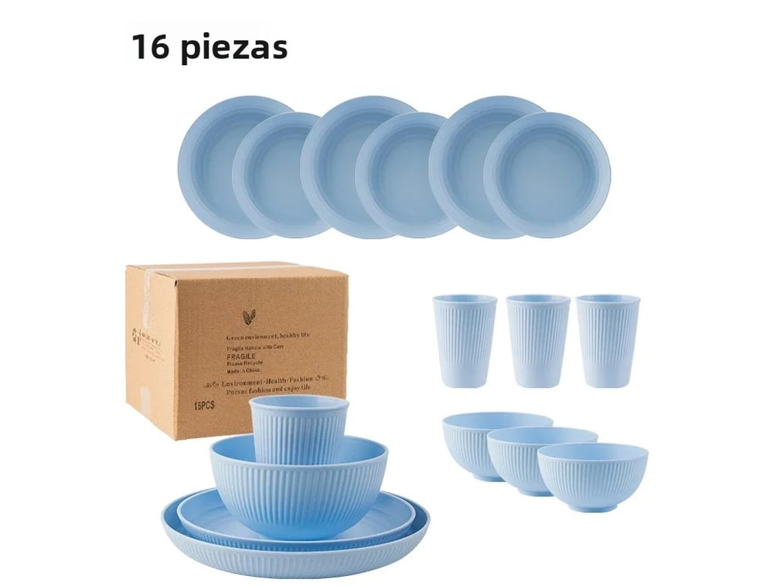 Conjunto de Talheres Portáteis Estilo Campestre com 16 Peças, Incluindo Faca, Garfo e Colher, Feito de Plástico Ecológico. MDUG (azul)