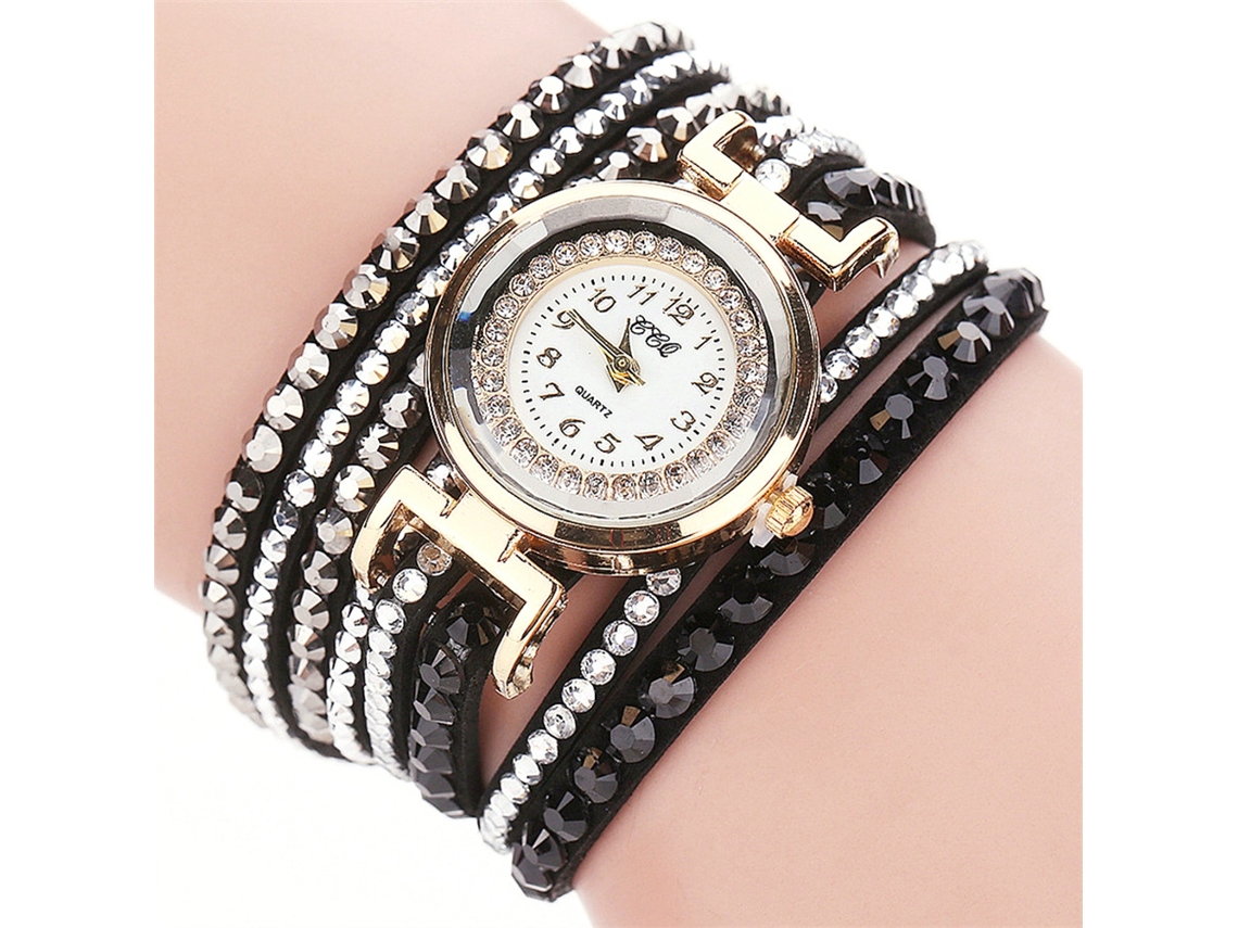 Relógio Pulseira Feminino de Liga com Quartzo e Strass Multicamadas Preto