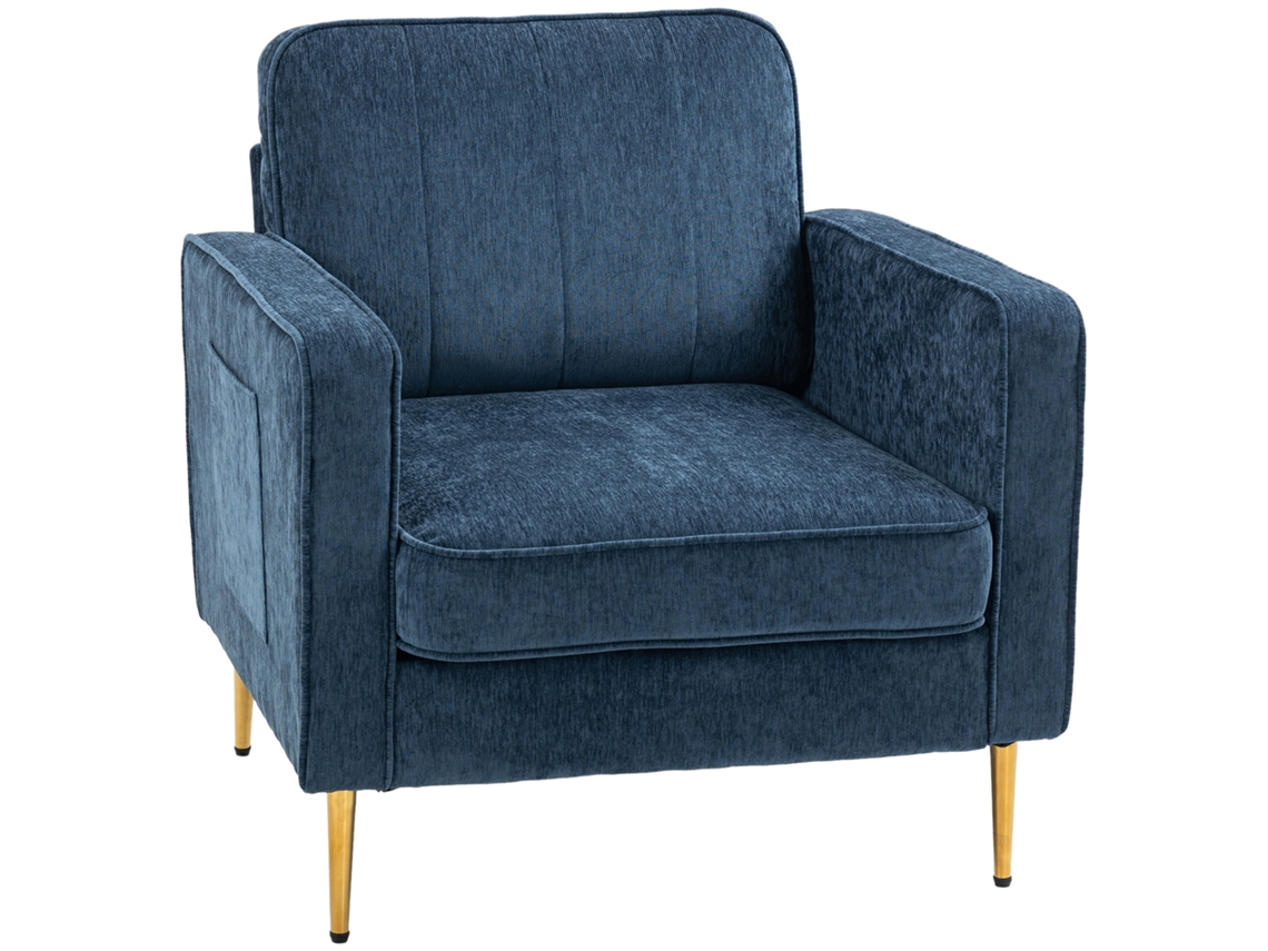 Poltrona De Tecido Com Pernas De Aço Dourado, Ótimo Conforto, Bolsos Laterais, Para Sala, Escritório, Quarto, Azul-chimi