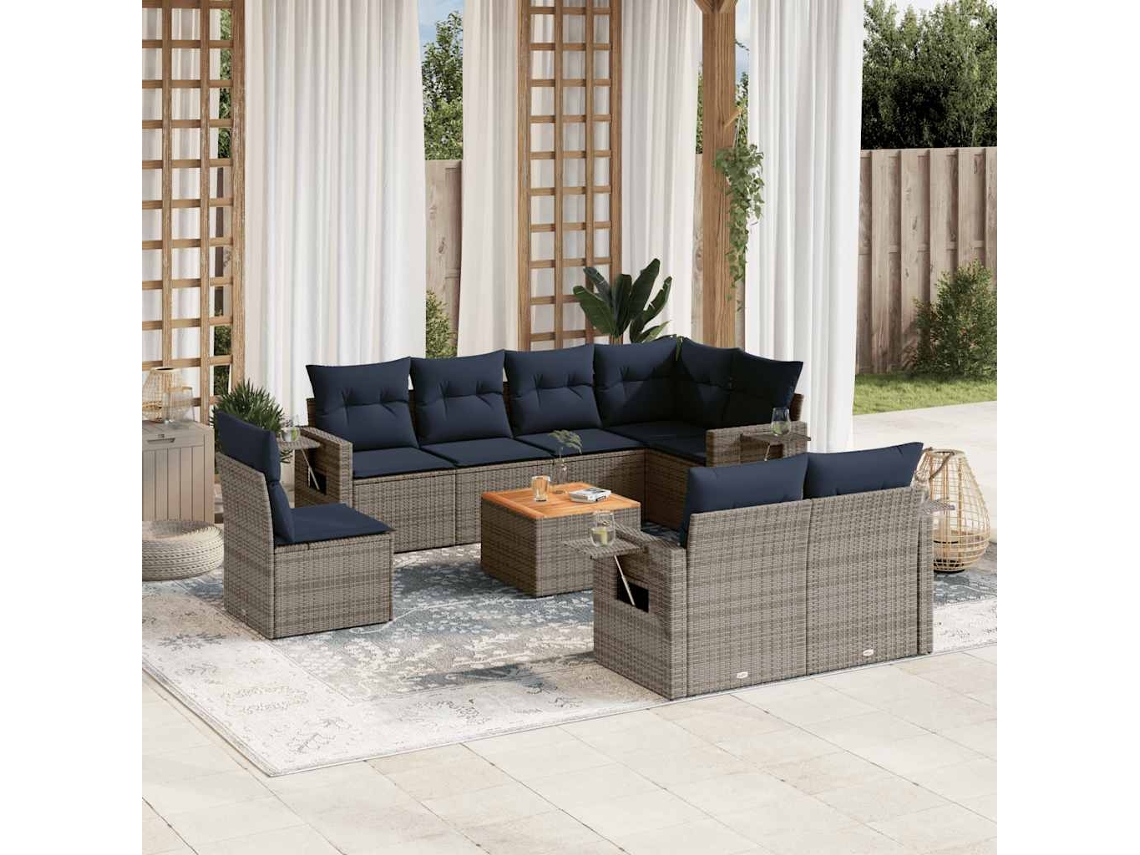 Vidaxl Conjunto De Sofá De Jardim De 9 Peças Com Almofadas Em Rattan Sintético Cinza