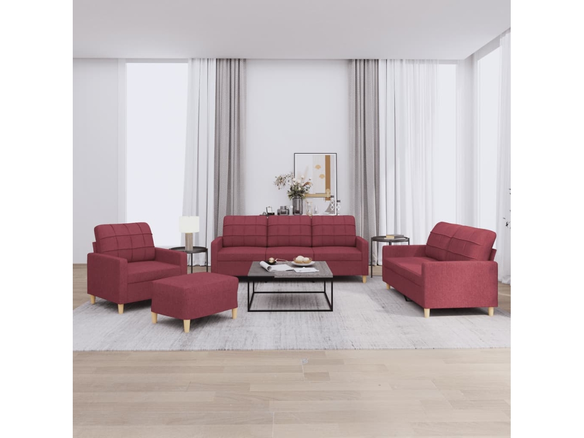 Vidaxl 4 Pcs Conjunto De Sofás Com Almofadões Tecido Vermelho Tinto
