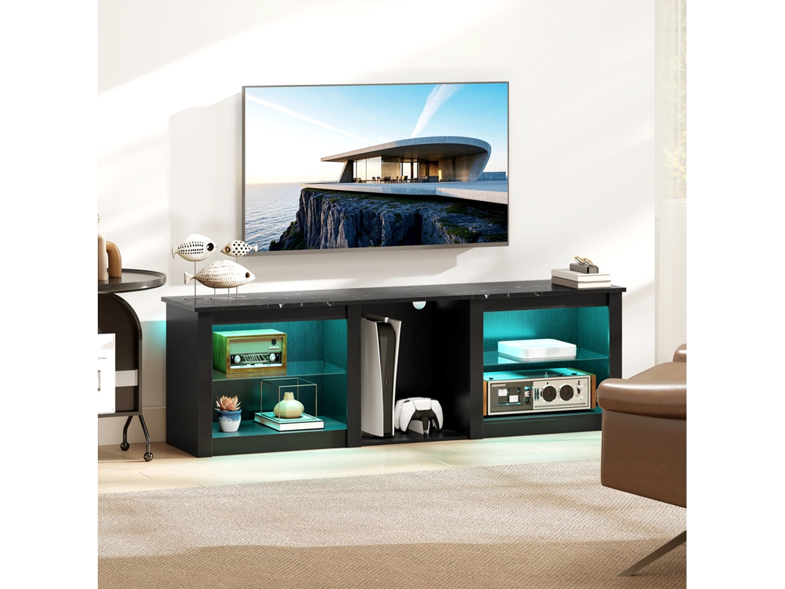 Suporte Para Tv Com Iluminação Led Para Televisores De Até 70 Polegadas (160 Cm), Com Prateleiras De Vidro Ajustáveis, Preto.