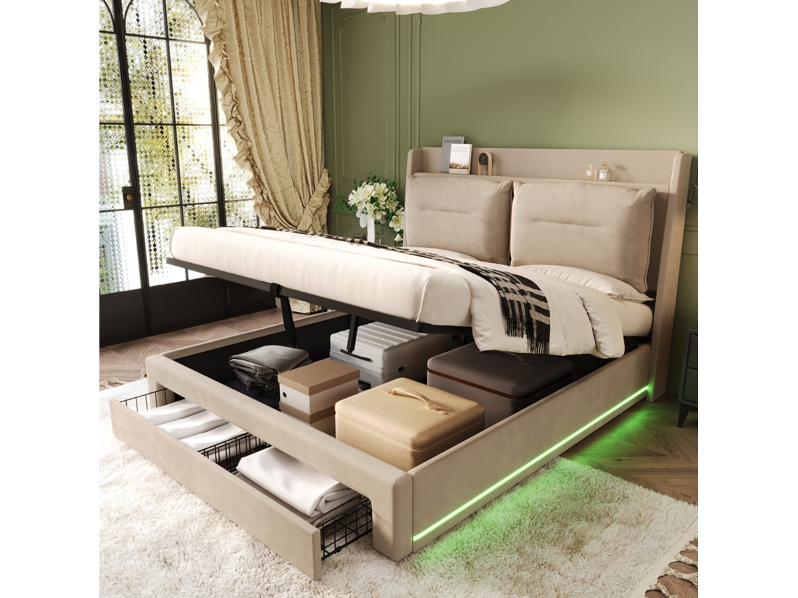 Cama de Veludo Bege com Dimensões de 180x200 Cm, com Arrumação, Luzes Led Laterais, 2 Gavetas e Estrado de Ripas. Colchão Não Incluído. VSOGA