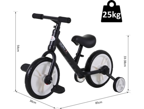 HOMCOM Bicicleta Balance com pedais e rodas removíveis Cor preta carga 25kg