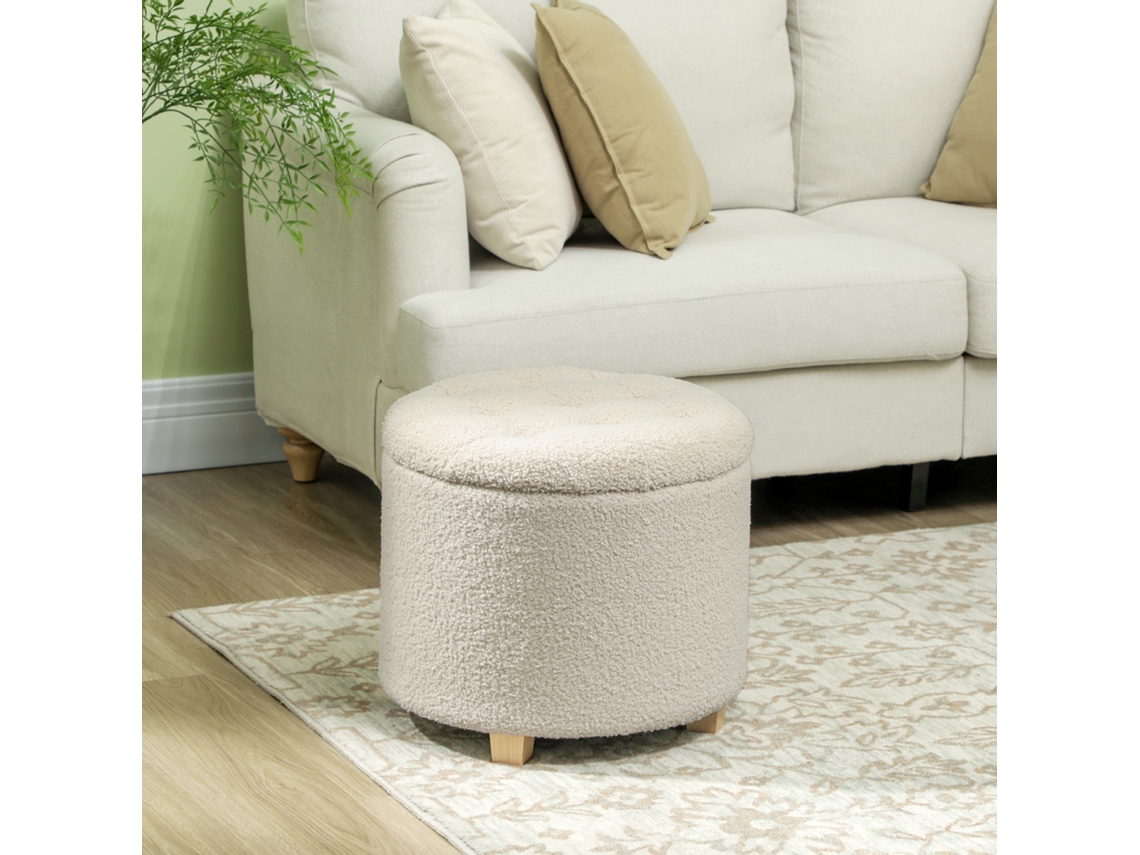 Banco com espaço de armazenamento, banco acolchoado com tampa, banco para quarto, corredor ou sala de estar, estrutura de madeira Ø45 x 41 cm, branco cremoso