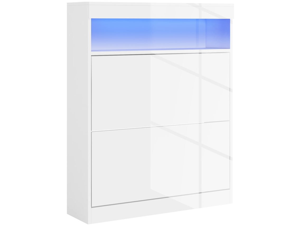 Sapateira Com Luzes Led E 2 Gavetas Basculantes Para 12 A 16 Pares De 80x24x99,5 Cm, Branco Brilhante