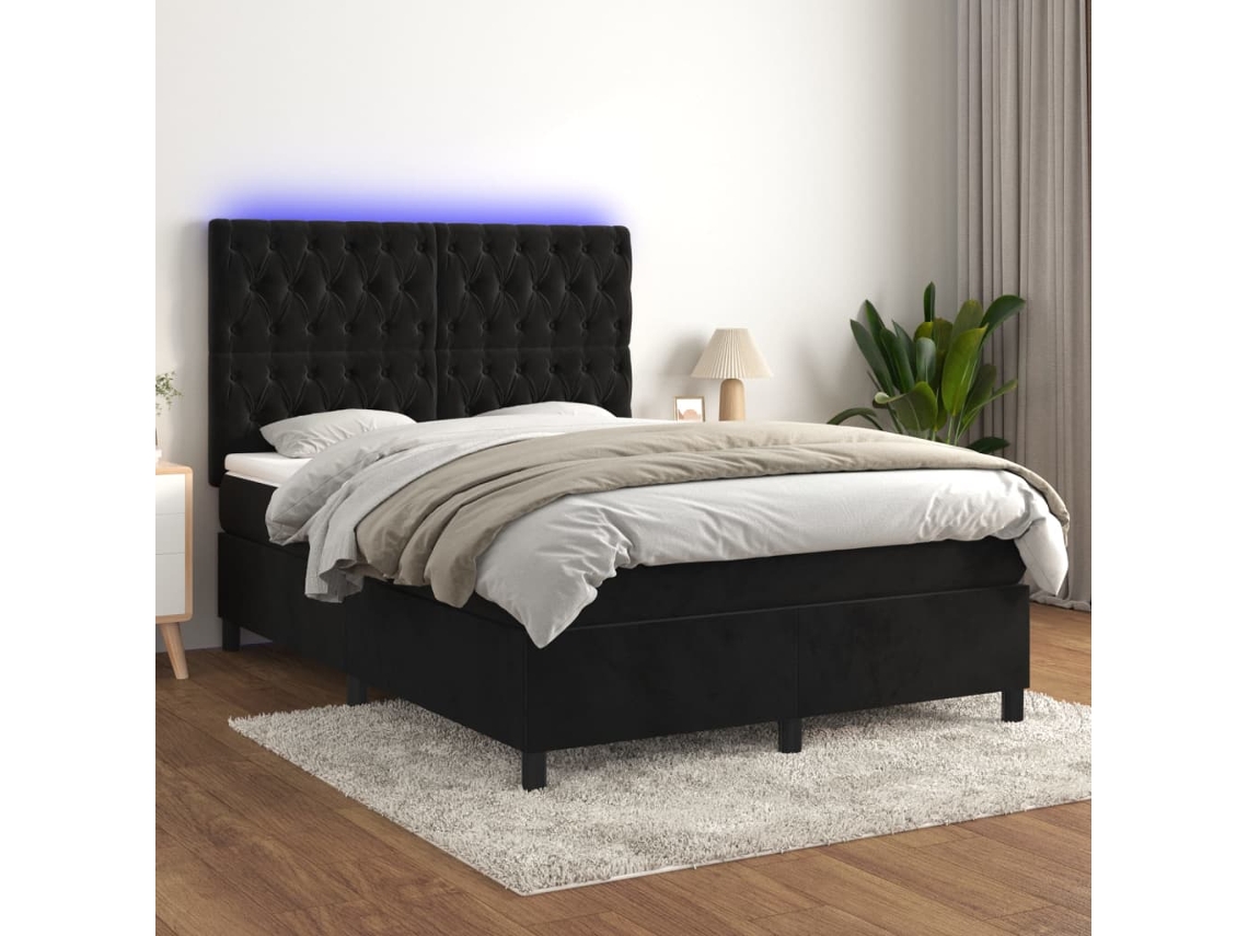 Cama Box Spring C/ Colchão/led 140x190 Cm Veludo Preto