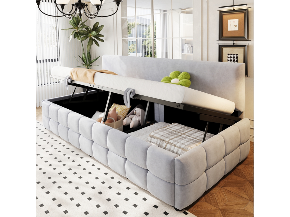 Sofá cama Cinza Claro 90x200 Xadrez Baú Sem Braços
